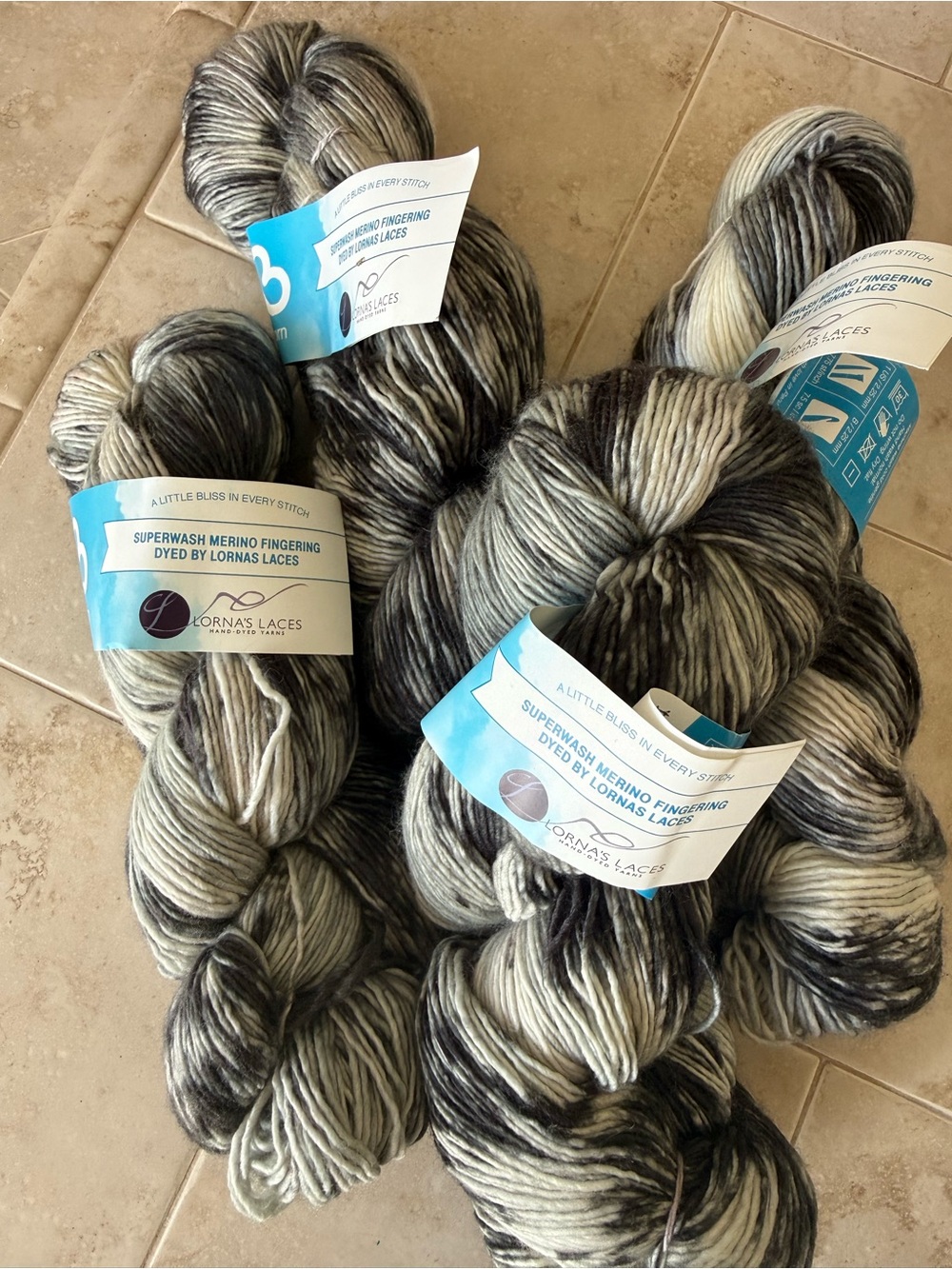 Lorna's Laces Superwash Merino Fingering Yarn - Black, Gray & Cream - 4 skeins